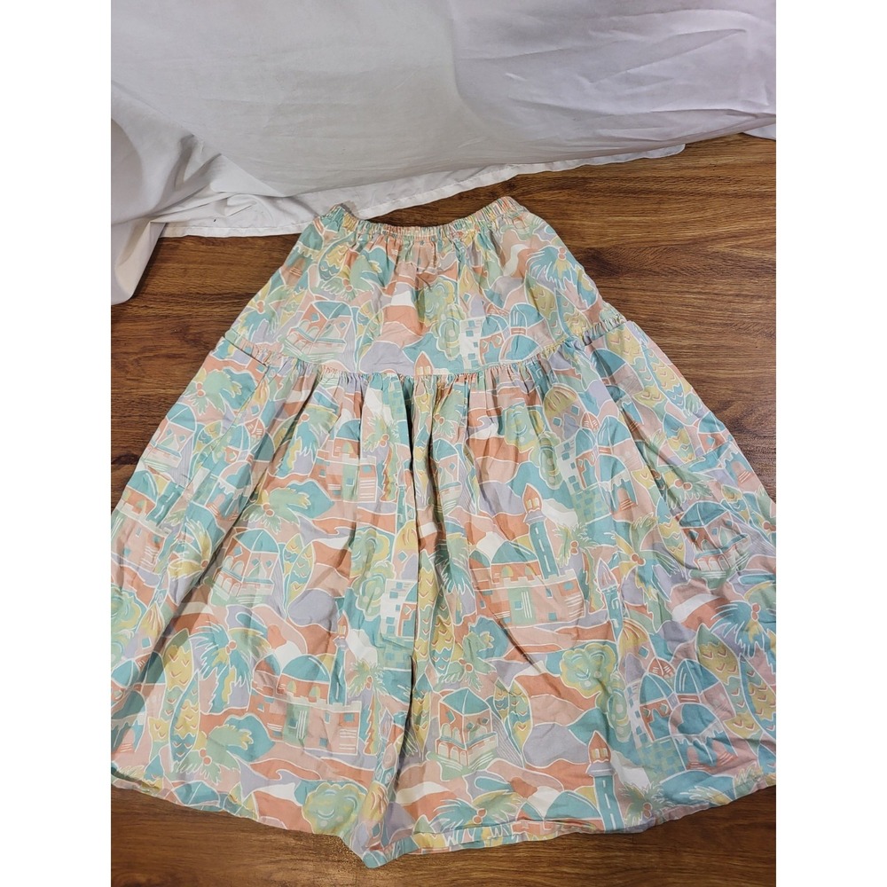 Vtge American Legends Colorful Pastel Size 7 City Scene Aztec Midi Skirt Pockets